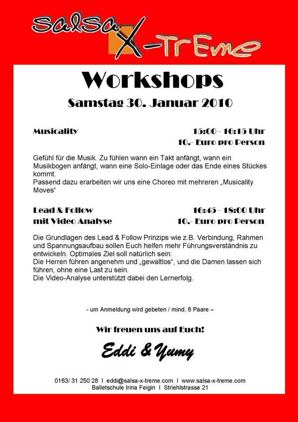 Salsaworkshops: Musicality - Lead & Follow mit Video Analyse